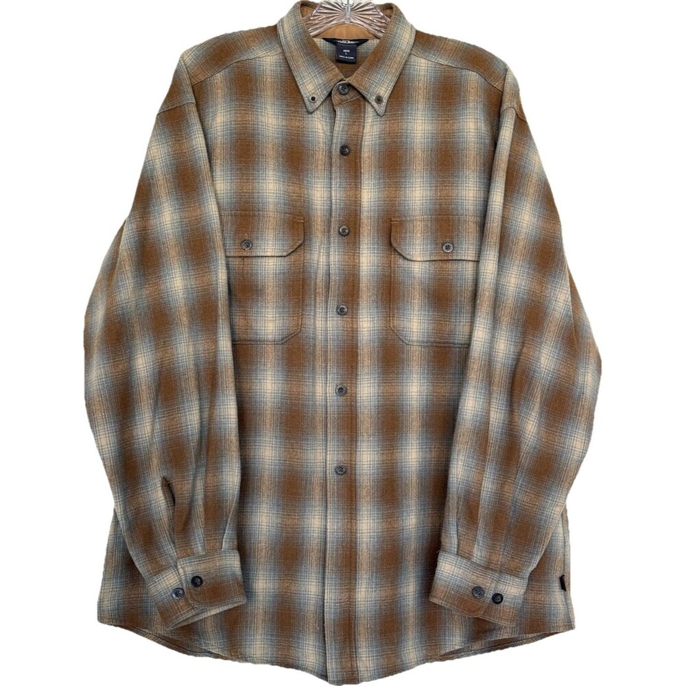 Vintage Woolrich Plaid Flannel Shirt Mens L Brown Grey Wool Blend Cabin Gorpcore